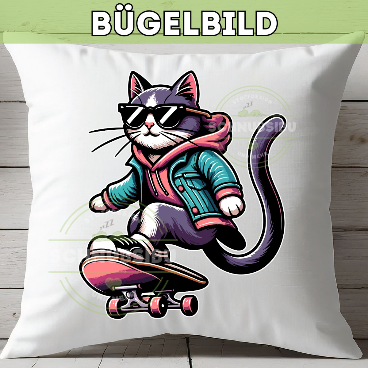 Bügelbild Katze auf Skateboard